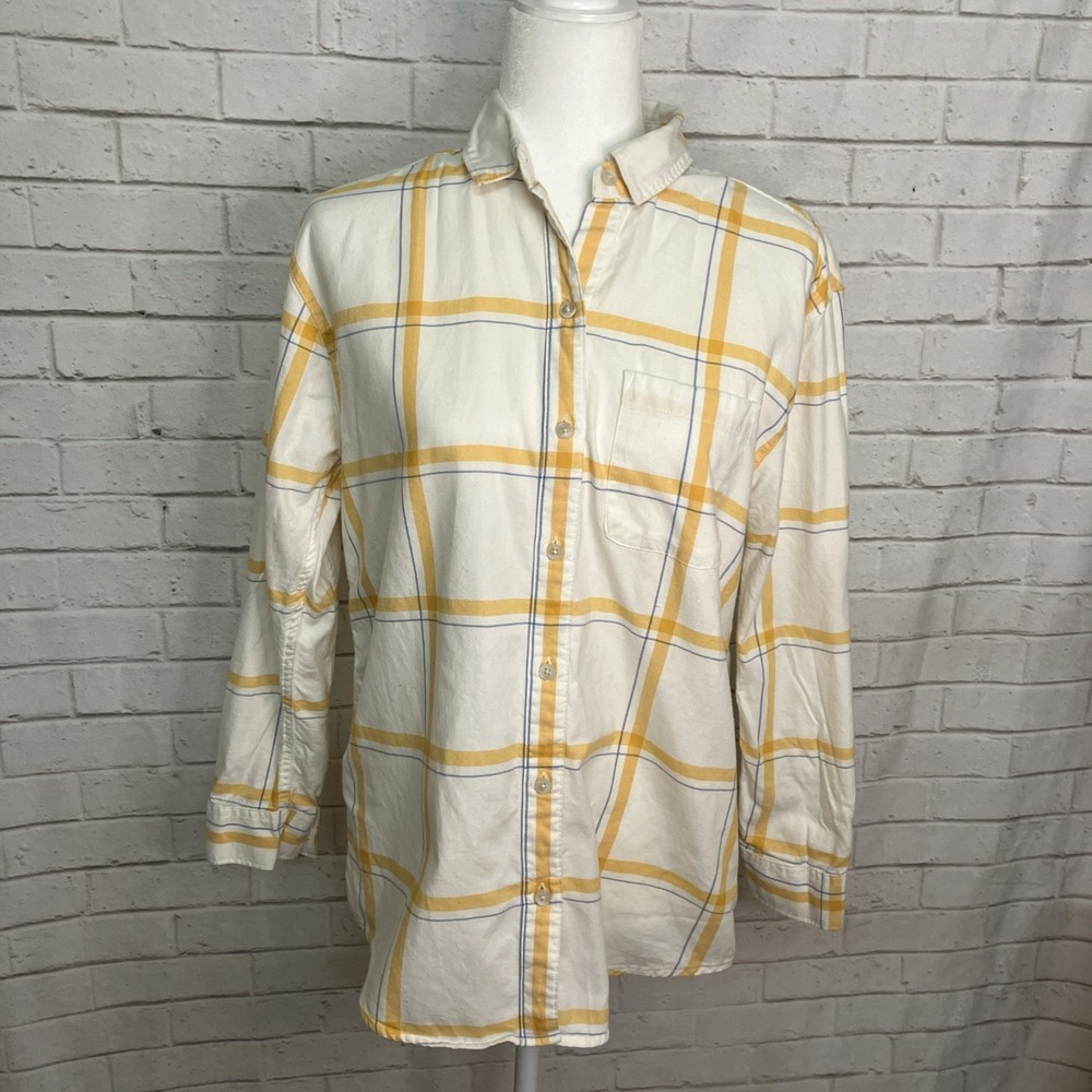 Eddie Bauer Boyfriend Fit Plaid Button Up Shirt Small White Yellow